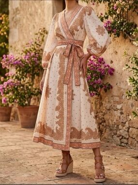 ZIMMERMANN Maxine Midi Wrap Dress in Orange Paisley Size AU3